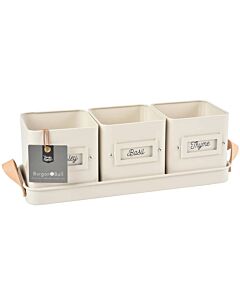 Burgon & Ball 3 Herb Pots in a Leather Handled Tray - Stone